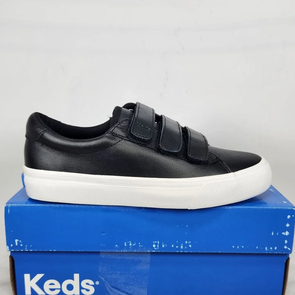 Keds Jump Kick V Sneakers Womens Size 5 Black Leather Triple Strap Low Top